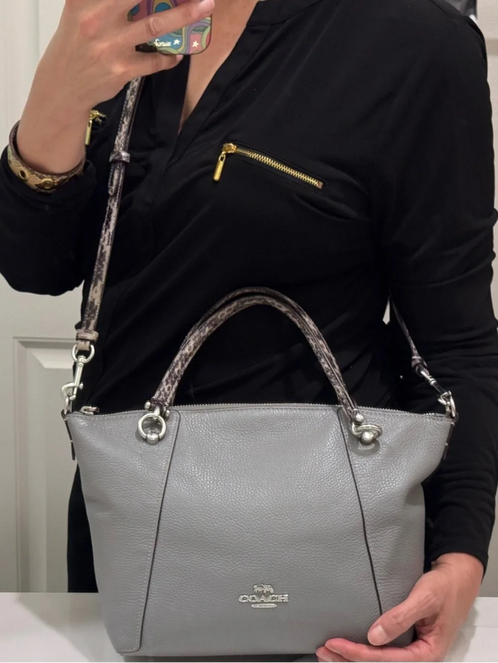 Coach Kacey Satchel grey pebble leather snake-embossed handle and strap EUC - Picture 5 of 17